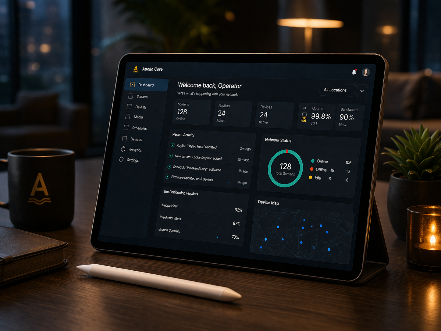 Apollo Core client dashboard shown on an iPad